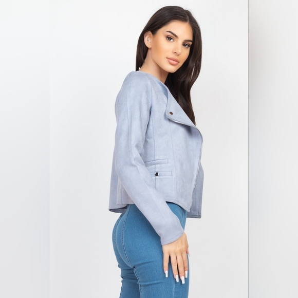 Cropped Moto Suede Jacket - Dust Blue - Picture 5 of 8